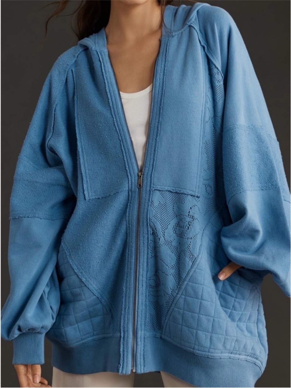 Pilcro Anthropologie Mixed Print Oversized Patchwork Zip Up Hooded Sweatshirt 2X